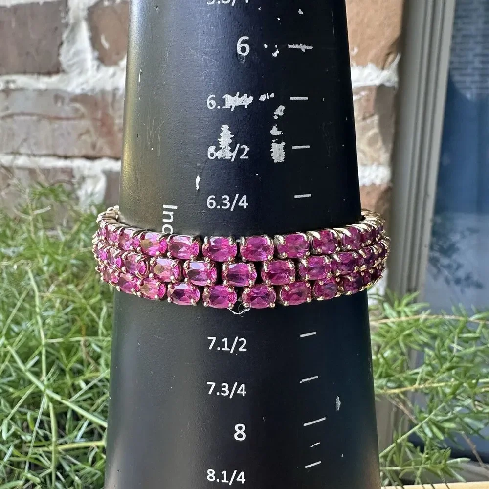 Link Bracelet Lab Pink Sapphires 3 Tier Size 7 Gold Plated Sterling Silver 42.7g